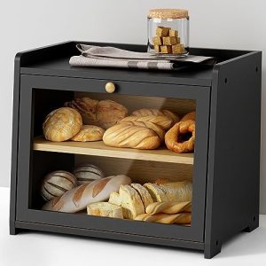 Boîtes à pain   | Boîte à pain noire pour plan de travail de cuisine, grand conteneur de stockage pour pain fait maison, organisateur en bois de style ferme pour coin de plan de travail de cuisine, armoire, garde-manger, placard (noir) Boîtes à pain Boîtes à pain