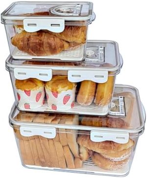 Boîtes à pain   | Boîte à pain pour pain fait maison, ensemble de 3 pièces, conteneur de stockage de pain hermétique, boîte à pain pour comptoir de cuisine, idéale pour pain de mie, bagels, donuts, biscuits (blanc) Boîtes à pain Boîtes à pain