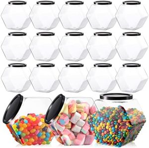 Bocaux à biscuits   | 18 pièces de bocaux en forme d’hexagone avec couvercles, conteneur en plastique pour biscuits de 30 oz, bocal transparent à large ouverture pour le stockage de biscuits, bonbons, collations, étoiles en papier, capsules de détergent, cadeaux et rangement. Bocaux à biscuits Bocaux à biscuits