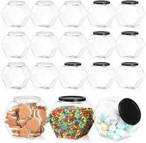 Bocaux à biscuits   | 18 pièces de bocaux en plastique en forme d’hexagone avec couvercle, conteneur à biscuits en plastique de 28 oz, bocal de rangement transparent à large ouverture pour biscuits, bonbons, collations, étoiles en papier, friandises pour chiens et cadeaux de rangement. Bocaux à biscuits Bocaux à biscuits