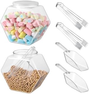 Bocaux à biscuits   | 2 Ensembles de Pots à Bonbons en Plastique pour Buffet de Bonbons, Pots à Cookies en Forme de Hexagone Transparent avec Couvercles, Cuillères à Bonbons, Pinces de Service en Plastique, Contenants à Bonbons à Large Ouverture pour Présentation sur Table de Cuisine pour Fête (73 Oz) Bocaux à biscuits Bocaux à biscuits