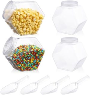 Bocaux à biscuits   | 4 Pcs 122 Oz Bocal en Plastique avec Couvercles et Cuillères, Bocaux Hexagonaux Transparents, Récipients Réutilisables pour Comptoir de Cuisine, Bar à Bonbons pour Biscuits, Friandises pour Animaux, Capsules de Lessive, Stockage d’Articles de Loisirs. Bocaux à biscuits Bocaux à biscuits