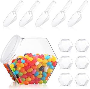 Bocaux à biscuits   | 6 Pcs Pot en Plastique Hexagonal avec 6 Cuillères à Bonbons, 73 Oz Pots à Cookies en Plastique avec Couvercles Hermétiques, Contenants à Bonbons Transparents pour Détergent à Lessive, Buffet de Cuisine, Affichage de Snacks sur Comptoir, Bar de Fête. Bocaux à biscuits Bocaux à biscuits