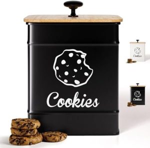 Bocaux à biscuits   | Bocal à biscuits avec couvercle en bambou hermétique – 15 cm L x 15 cm P x 20 cm H – Boîte à biscuits en fer noir – Grands bocaux à biscuits avec couvercles hermétiques – Bocaux à biscuits de style ferme pour plan de travail de cuisine décoratif – Joli bocal à biscuits avec couvercle hermétique Bocaux à biscuits Bocaux à biscuits