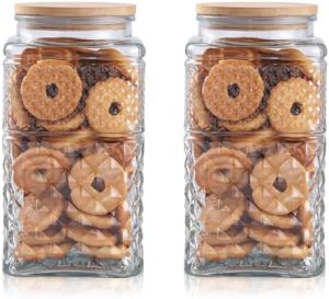 Bocaux à biscuits   | Bocal à biscuits grand modèle de 90 oz | 0,7 gallon, bocal en verre avec couvercle hermétique, boîte de rangement décorative pour la cuisine avec couvercles en bambou, bocal à bonbons | Rangement en verre avec couvercle hermétique, 2600 ml, carré et rectangulaire. Bocaux à biscuits Bocaux à biscuits