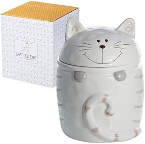 Bocaux à biscuits   | Bocal à biscuits pour chat avec couvercle, conteneur en céramique pour cuisine, mignon récipient de rangement alimentaire, accessoires de cuisine pour chat, idées cadeaux pour les amoureux des chats, blanc 1,4 L. Bocaux à biscuits Bocaux à biscuits