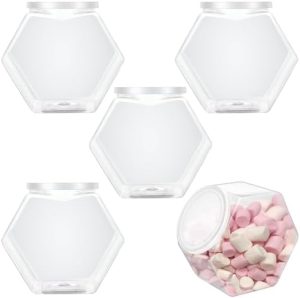 Bocaux à biscuits   | Boocalny 5Pcs Pots à Bonbons en Plastique Hexagonaux avec Couvercles, Pots à Cookies en Plastique avec Couvercles Hermétiques, Pot à Bonbons Transparent à Large Ouverture, Contenants Alimentaires Réutilisables pour Snacks, Pot de Présentation pour Cadeaux et Rangement (3 Oz) Bocaux à biscuits Bocaux à biscuits