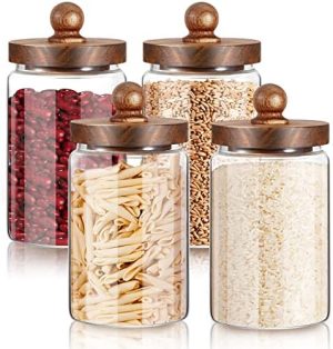 Bocaux et contenants alimentaires   | 4 pièces de bocaux en verre de 32 oz avec couvercles en bois d’acacia, hermétiquement scellés, bocaux en verre transparents, conteneurs en verre hermétiques pour grains de café, noix, thé en vrac, sucre, épices, bonbons, riz et pâtes. Bocaux et contenants alimentaires Bocaux et contenants alimentaires