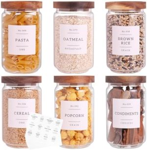 Bocaux et contenants alimentaires   | 6 bocaux de rangement en verre avec couvercle hermétique en acacia – bocaux de cuisine en verre épais de 23 oz avec 132 étiquettes de rangement – contenants alimentaires en verre transparent avec couvercle en bois pour thé, sucre, biscuits, café. Bocaux et contenants alimentaires Bocaux et contenants alimentaires