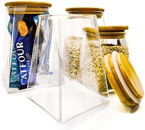 Bocaux et contenants alimentaires   | Bocaux de rangement en verre avec couvercle en bois extra large – Ensemble de conteneurs pour terrarium, idéal pour bonbons, biscuits, riz, épices, thé – Organisation de cuisine et rangement de garde-manger (4 tailles dans un seul pack) Bocaux et contenants alimentaires Bocaux et contenants alimentaires