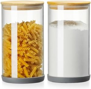 Bocaux et contenants alimentaires   | Bocaux en verre avec couvercles en bambou – Pack de 2, fond en silicone antidérapant, bocaux en verre de 68 oz avec couvercles hermétiques, verre plus épais sans BPA, conteneurs de stockage pour farine et sucre, pour biscuits et grains de café. Bocaux et contenants alimentaires Bocaux et contenants alimentaires