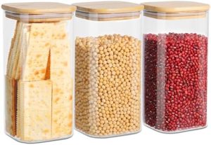 Bocaux et contenants alimentaires   | Bocaux en verre de stockage alimentaire avec couvercles (5 oz) – Ensemble carré de 3, conteneurs de stockage en verre transparent avec couvercle en bambou hermétique pour servir du thé, des grains de café, de la farine, des biscuits, des céréales, des épices et plus encore. Bocaux et contenants alimentaires Bocaux et contenants alimentaires