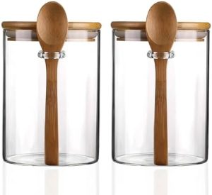 Bocaux et contenants alimentaires   | Ensemble de 2 bocaux de rangement en verre transparent avec cuillère en bois 42 ml/15 oz, petit récipient en verre hermétique avec cuillère pour sel de bain, sucre, épices, café, thé matcha, condiments, poivre. Bocaux et contenants alimentaires Bocaux et contenants alimentaires