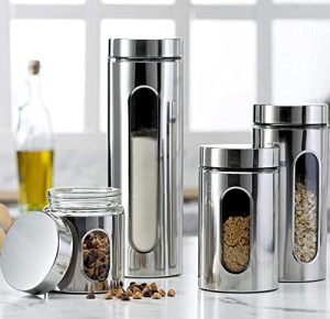 Bocaux et contenants alimentaires   | Ensemble de 4 bocaux en acier inoxydable de qualité pour le plan de travail de la cuisine avec fenêtre en verre et couvercles hermétiques, récipients de stockage alimentaire, ensemble de rangement et d’organisation pour café, farine, pâtes, riz, épices, herbes. Bocaux et contenants alimentaires Bocaux et contenants alimentaires