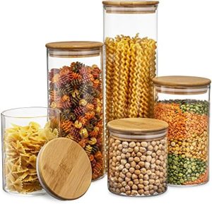 Bocaux et contenants alimentaires   | Ensemble de 5 bocaux en verre de cuisine avec couvercle hermétique en bambou – bocaux de rangement en verre pour l’organisation du garde-manger et de la salle de bain pour la farine, le café, les biscuits, les bonbons, les collations, les pâtes, le riz, et le rangement des sachets de sucre. Bocaux et contenants alimentaires Bocaux et contenants alimentaires