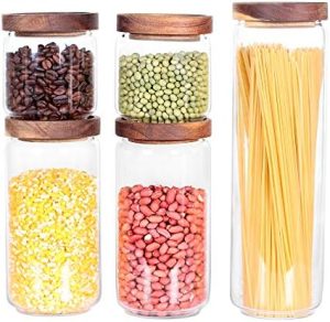 Bocaux et contenants alimentaires   | Ensemble de 5 bocaux en verre pour la cuisine, récipients de rangement en verre avec couvercle hermétique en acacia pour les grains de café, la farine, le sucre, le riz, les spaghetti, etc. Bocaux et contenants alimentaires Bocaux et contenants alimentaires