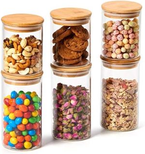 Bocaux et contenants alimentaires   | Ensemble de 6 bocaux en verre hermétiques avec couvercles en bambou naturel, 15,2 oz + 24 oz, ensemble de conteneurs de rangement clairs pour la cuisine, idéal pour stocker des bonbons, des biscuits, du riz, du sucre, de la farine, des épices, des noix et du café. Bocaux et contenants alimentaires Bocaux et contenants alimentaires