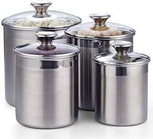 Bocaux et contenants alimentaires   | Ensemble de bocaux de rangement en acier inoxydable, grand modèle 4 pièces, 1,6 Qt / 2,5 Qt / 3,5 Qt / 5 Qt, conteneurs hermétiques avec couvercle en verre pour thé, café, sucre, farine, garde-manger, comptoir de cuisine. Bocaux et contenants alimentaires Bocaux et contenants alimentaires