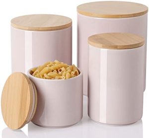 Bocaux et contenants alimentaires   | Ensembles de bocaux de cuisine en céramique, conteneur en porcelaine pour plan de travail, bocaux de stockage alimentaire lourds avec couvercle en bambou hermétique, idéal pour le sucre, les grains de café, les feuilles de thé, pack de 4 (nouveau rose) Bocaux et contenants alimentaires Bocaux et contenants alimentaires