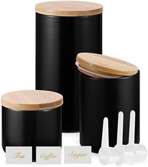 Bocaux et contenants alimentaires   | Ensembles de canisters noirs pour la cuisine – Ensemble de 3 canisters à café pour le comptoir avec des couvercles en bois hermétiques/cuillères/autocollants, contenants alimentaires en céramique pour le sucre, le café et le thé (42/30/9Oz). Bocaux et contenants alimentaires Bocaux et contenants alimentaires