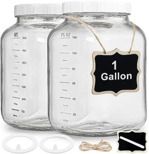 Bocaux et contenants alimentaires   | Pack de 2 bocaux en verre clair d’un gallon à large ouverture avec couvercle, couvercle à vis hermétique robuste avec joint en silicone – Grand bocal Mason avec 2 repères pour fermenter le kombucha et stocker des aliments (2 joints supplémentaires) Bocaux et contenants alimentaires Bocaux et contenants alimentaires