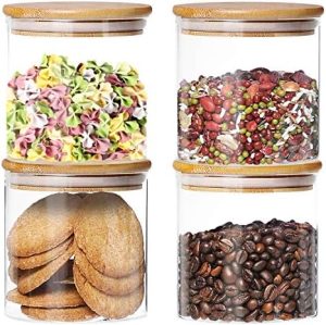 Bocaux et contenants alimentaires   | Pack de 4 bocaux en verre avec couvercles en bambou hermétiques, conteneurs en verre transparents pour le stockage des aliments secs, biscuits, bonbons, épices, grains de café et plus, 18,6 oz. Bocaux et contenants alimentaires Bocaux et contenants alimentaires