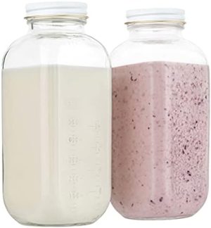 Conteneurs alimentaires   | Bouteille de lait en verre carrée de 32 oz avec couvercles hermétiques en métal blanc – Jugs à lait réutilisables vintage – Contenants laitiers pour lait, yaourt, smoothies, kéfir, kombucha et eau. Conteneurs alimentaires Conteneurs alimentaires