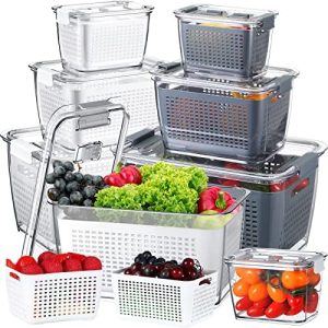 Conteneurs alimentaires   | Contenants de stockage de fruits 6 pièces pour réfrigérateur – Contenants de conservation de produits pour réfrigérateur – Contenants pour fruits à garder frais avec couvercles, passoire et séparateurs pour salades, baies et légumes (Blanc, Gris) Conteneurs alimentaires Conteneurs alimentaires