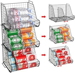 Distributeurs de canettes empilables   | Distributeurs de canettes empilables 3 niveaux avec 3 diviseurs, grand organisateur de canettes de garde-manger, support debout pour bouteilles d’eau, panier de rangement pour canettes de boissons gazeuses, étagère pour aliments en conserve, bacs en fil métallique pour armoire de cuisine. Distributeurs de canettes empilables Distributeurs de canettes empilables