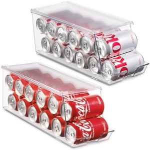 Distributeurs de canettes empilables   | Ensemble de 2 bacs empilables pour réfrigérateur, distributeur de canettes de soda, support de boissons pour réfrigérateur, congélateur, cuisine, plans de travail, armoires – Rangement en plastique transparent pour aliments en conserve, étagère de garde-manger qui peut contenir 12 canettes. Distributeurs de canettes empilables Distributeurs de canettes empilables