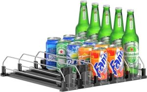 Distributeurs de canettes empilables   | Organisateur de boissons pour réfrigérateur, distributeur de boissons auto-poussant amélioré pour réfrigérateur, distributeur de soda pour réfrigérateur, organisateur de boissons réglable en largeur, rangement pour 25 canettes 5 rangées noir. Distributeurs de canettes empilables Distributeurs de canettes empilables