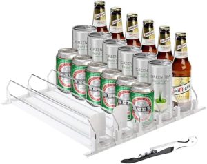 Distributeurs de canettes empilables   | Organisateur de boissons pour réfrigérateur, organisateur de canettes de soda pour réfrigérateur, rangement de bouteilles d’eau et de canettes de bière pour le garde-manger, pousseur de boissons ajustable en largeur (blanc, 16,4″ de profondeur – 5 rangées) Distributeurs de canettes empilables Distributeurs de canettes empilables