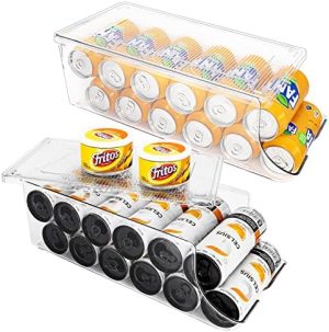 Distributeurs de canettes empilables   | Organisateur de canettes standard et fines pour réfrigérateur, support empilable pour canettes de soda avec couvercle pour réfrigérateur, rangement pour garde-manger et congélateur, bacs de rangement en plastique transparent – contient 12 canettes chacun (transparent) Distributeurs de canettes empilables Distributeurs de canettes empilables