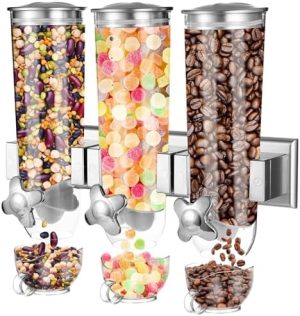 Distributeurs de nourriture   | Distributeur de nourriture mural, distributeur de céréales triple avec 3 tasses et interrupteurs rotatifs, grand distributeur de nourriture sèche, conteneur de stockage de bonbons, distributeur de collations pour le stockage de grains de café, noix. Distributeurs de nourriture Distributeurs de nourriture