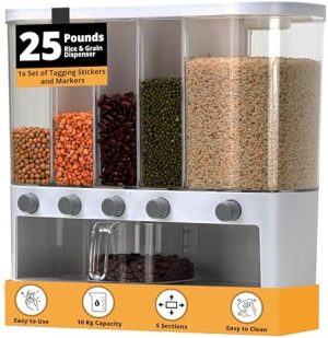 Distributeurs de nourriture   | Distributeur de nourriture sèche de 25 lb pour grains, riz, haricots et lentilles – Conteneur de rangement pour cuisine et organisateur de comptoir avec tasse de mesure Distributeurs de nourriture Distributeurs de nourriture