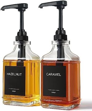 Distributeurs de nourriture   | Distributeur de sirop de café Gmisun pour bar à café, distributeur de sirop carré avec pompe de grande capacité de 1/4 oz, bouteilles de sirop de café pour sirop de café, bouteille en verre distributeur de sirop, organisateur de 16 oz. Distributeurs de nourriture Distributeurs de nourriture