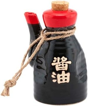 Distributeurs de nourriture   | Vente Heureuse Hssd-Rdbk7, Distributeur d’Huile en Céramique en Terre Japonaise, Distributeur de Vinaigre Ponzu, Distributeur de Sauce Soja Shoyu avec Bouchon en Liège, 7 Fl Oz (Rouge Noir) Distributeurs de nourriture Distributeurs de nourriture