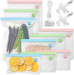 Distributeurs de sirop et de miel   | ® Ensemble de 9 sacs de rangement sous vide, sacs sous vide réutilisables pour aliments, comprend des sacs bleus, verts et roses, avec pompe à vide portable, les sacs de congélation sont compatibles avec la plupart des machines sous vide. Distributeurs de sirop et de miel Distributeurs de sirop et de miel