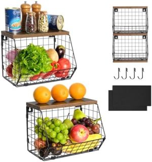 Panier de cuisine suspendu   | 2 Pack de paniers à fruits empilables avec couvercle en bois pour comptoir de cuisine, paniers suspendus muraux en fil avec 4 crochets pour bananes, organisateurs de cuisine et rangement pour collations, oignons et pommes de terre. Panier de cuisine suspendu Panier de cuisine suspendu