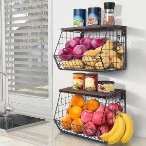 Panier de cuisine suspendu   | 2Pcs Panier à Fruits, Panier de Rangement de Cuisine avec Couvercle en Bois, Panier Mural Empilable pour Fruits, Organisateur de Comptoir pour Snacks, Fruits et Légumes, 30 x 20 x 22 cm Panier de cuisine suspendu Panier de cuisine suspendu