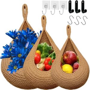 Panier de cuisine suspendu   | 3 Pack de paniers suspendus tissés à la main Boho pour la cuisine, Organisateur de panier en forme de goutte d’eau bohéme Cckhdd pour fruits, légumes, pommes de terre et oignons, Rangement de salle de bain derrière la porte avec crochet (Coton marron) Panier de cuisine suspendu Panier de cuisine suspendu