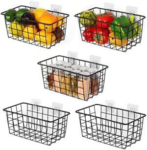 Panier de cuisine suspendu   | 5 Pack de paniers de rangement en fil, panier mural suspendu, organisateur de boîte de rangement en métal premium pour la maison, le bureau, la cuisine, le garde-manger, la salle de bain, le plan de travail, noir Panier de cuisine suspendu Panier de cuisine suspendu