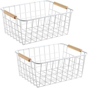 Panier de cuisine suspendu   | Bacs en fil blanc avec poignées en bois, organisateurs de rangement, réfrigérateur domestique pour armoires, garde-manger, placards, chambres, cuisine – Ensemble de 2 (Blanc) Panier de cuisine suspendu Panier de cuisine suspendu