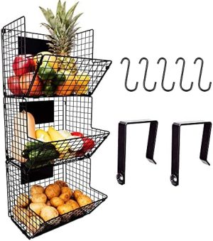 Panier de cuisine suspendu   | Culinary Couture Panier Suspendu à 3 Niveaux en Fil pour l’Organisation, Panier Mural Suspendu Robuste pour le Rangement avec Tableaux Noirs Ajustables et Crochets en S, Panier à Fruits Suspendu Minimaliste pour la Cuisine, Noir Panier de cuisine suspendu Panier de cuisine suspendu