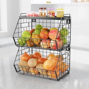 Panier de cuisine suspendu   | Panier à fruits empilable à 3 niveaux pour cuisine, paniers en fil de fer pour le stockage des pommes de terre et des oignons avec plateau supérieur, organisateur de garde-manger mural et de comptoir à plusieurs niveaux pour le stockage des collations, des fruits et des légumes. Panier de cuisine suspendu Panier de cuisine suspendu