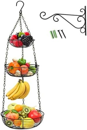 Panier de cuisine suspendu   | Panier à fruits suspendu à 3 niveaux avec crochet pour bananes, paniers suspendus en fil métallique robustes pour le rangement de la cuisine, organisateur de panier à légumes et produits de 36 pouces (y compris le support d’installation) Panier de cuisine suspendu Panier de cuisine suspendu