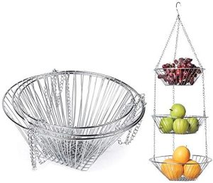 Panier de cuisine suspendu   | Panier suspendu en fil, panier à fruits en acier inoxydable à 3 niveaux pour la cuisine, la salle de bain et les restaurants. Panier de cuisine suspendu Panier de cuisine suspendu