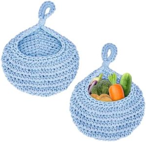 Panier de cuisine suspendu   | Panier Suspendu Rolas Trading Pour Cuisine – Paniers Muraux En Jute Tissés À La Main Pour L’Organisation – Panier À Produits Frais Pour Légumes, Pommes De Terre, Oignons – Rangement Et Décoration De Garde-Manger Boho – Ensemble De 2, Bleu Panier de cuisine suspendu Panier de cuisine suspendu