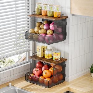 Panier de cuisine suspendu   | Paniers à Fruits Suspendus pour Cuisine – Rangement de Fruits et Légumes avec Couvercle en Bois, Paniers Empilables en Fil Montés sur Comptoir et Mur, Rangement pour Pommes de Terre et Oignons (Pack de 2) Panier de cuisine suspendu Panier de cuisine suspendu