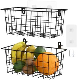 Panier de cuisine suspendu   | Paniers de cuisine suspendus, panier de rangement en fil métallique, organisateur de porte de placard avec bandes adhésives et vis, accessoires inclus, pack de 2, noir Panier de cuisine suspendu Panier de cuisine suspendu